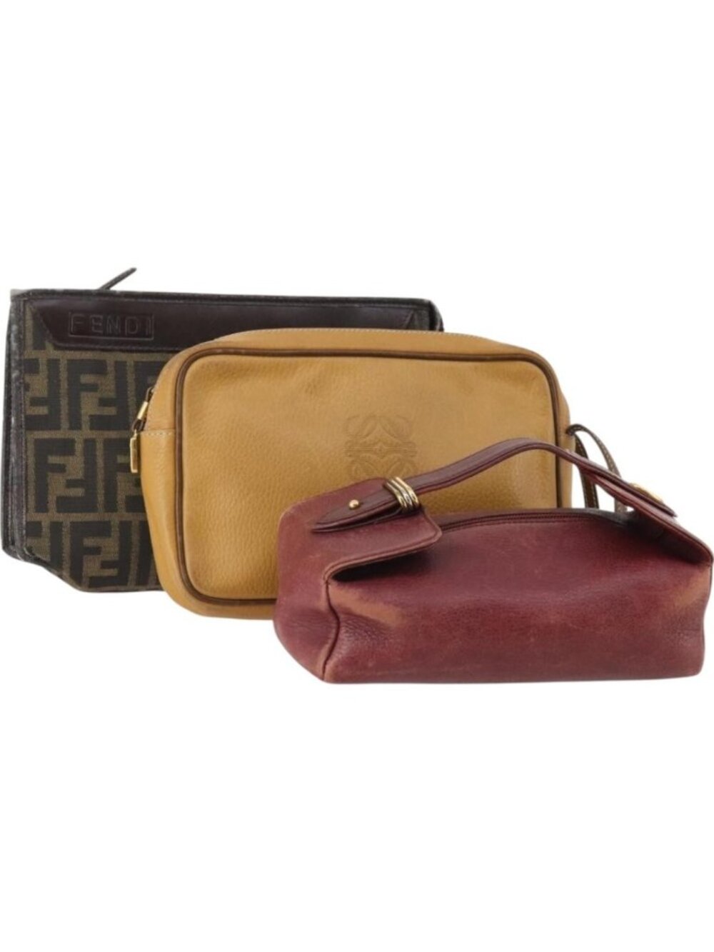 FENDI Loewe Cartier Zucca Canvas Bag Leather 3 Set Black Beige